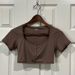 SKIMS Fits Everybody Henley Crop Top Brown Umber Medium